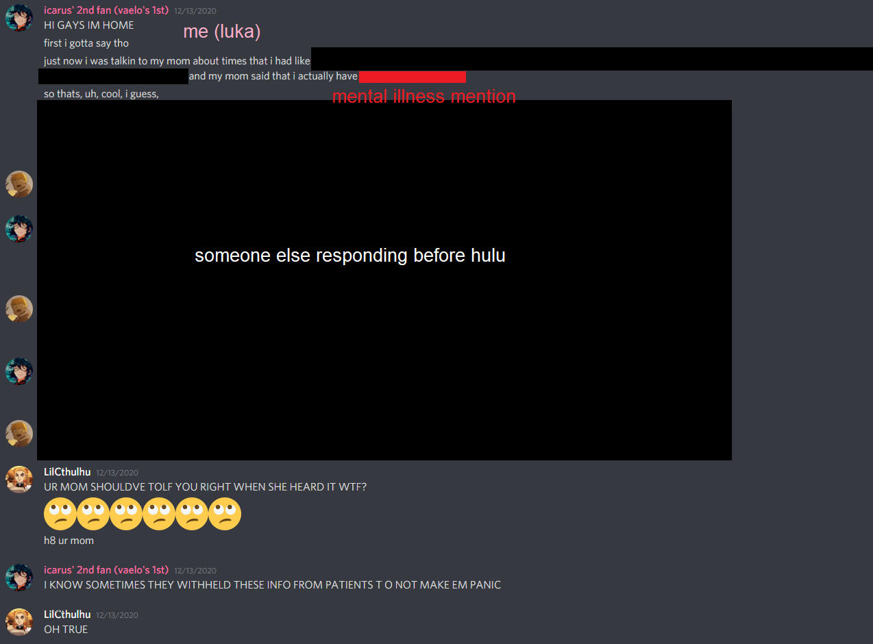 (Above: Hulu knowing my dx; context was my psychiatrist telling my mom my dx)